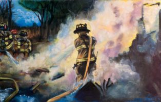 Firefighter • Aquired Structure Burn on Rio No.2 • 2016 • Oil on oak panel 24 x 16 inches (61 x 40.6)